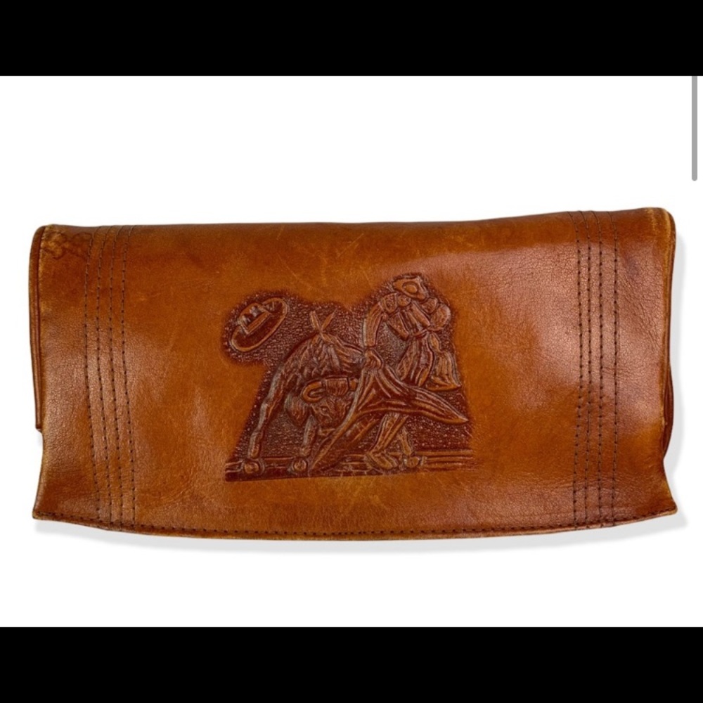 Vintage Women’s Leather Cognac Hand Tooled Rodeo Bull Rider Wallet | Mini Bag